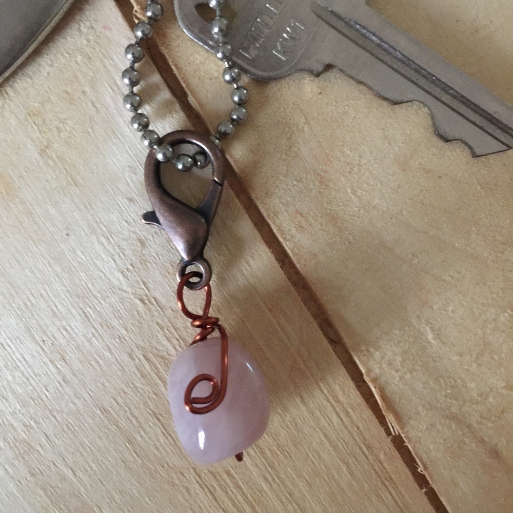 wire wrapped crystal rose quartz keyring charm